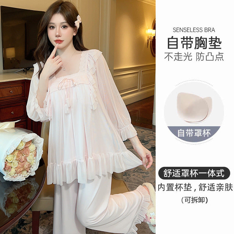 Spring New Princess Style Pajamas for Women 2024 Solid Color Set with Detachable Chest Pads for Girls Two Piece Home Furnishings