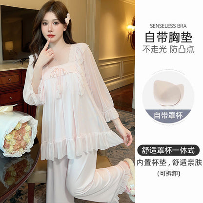 Spring New Princess Style Pajamas for Women 2024 Solid Color Set with Detachable Chest Pads for Girls Two Piece Home Furnishings