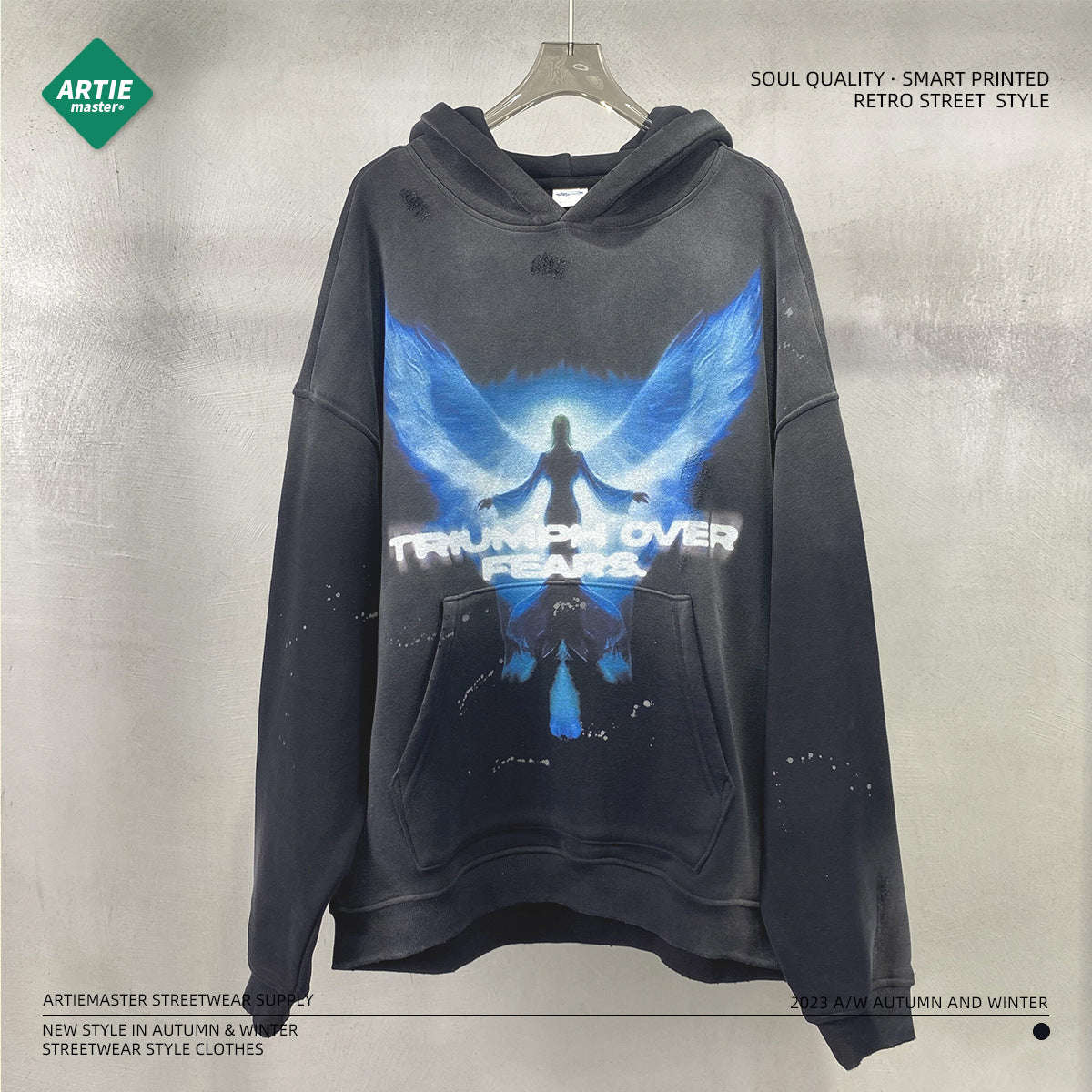 2023 autumn and winter new arrival angel wings print spray monkey washed old men's sweatshirt worn and cut men's hoodie