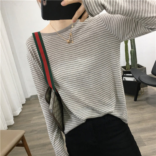 Autumn and winter bottoming shirt, Korean style loose top, striped intermediate color, skin-friendly, soft and lazy style, women's fine wool knitting