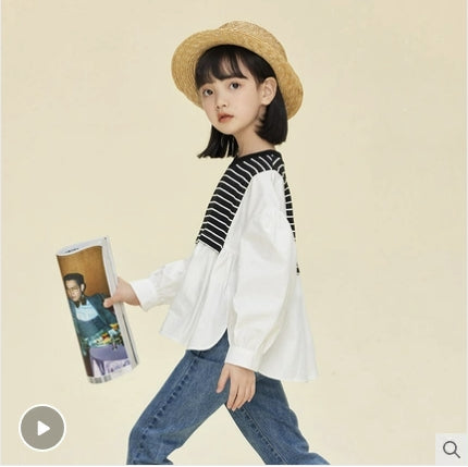 植木童装拼接条纹假两件男童女童衬衫卫衣