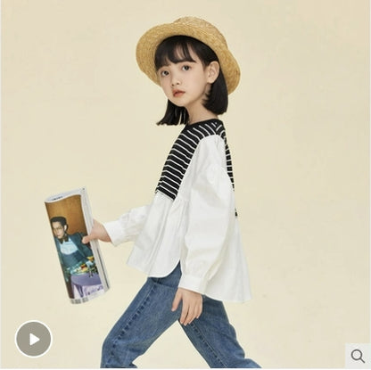 植木童装拼接条纹假两件男童女童衬衫卫衣
