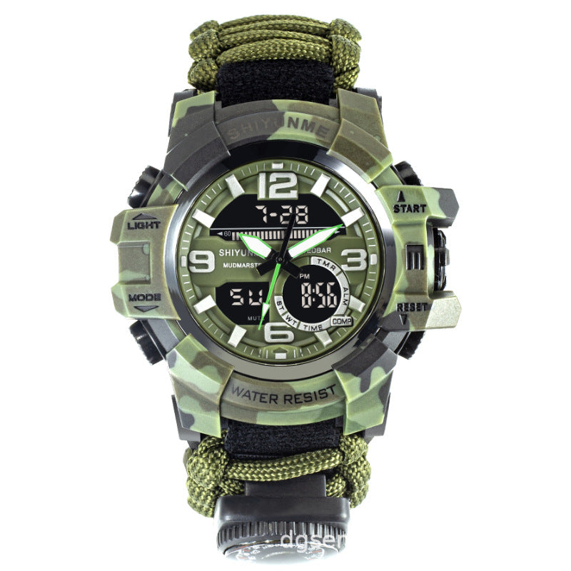 Cross-border special supply of life rope dual display electronic watch field emergency flint whistle compass men's watch paracord