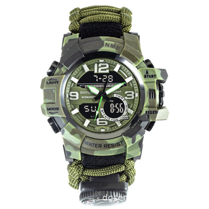 Cross-border special supply of life rope dual display electronic watch field emergency flint whistle compass men's watch paracord