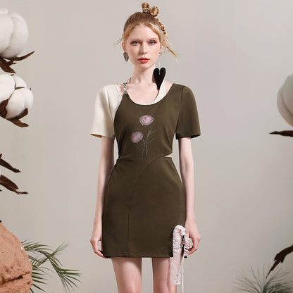 [Rebel] Sweet and Cool Dress Summer Retro Contrast Color Print Design Hollow Slim Fit Hip Skirt