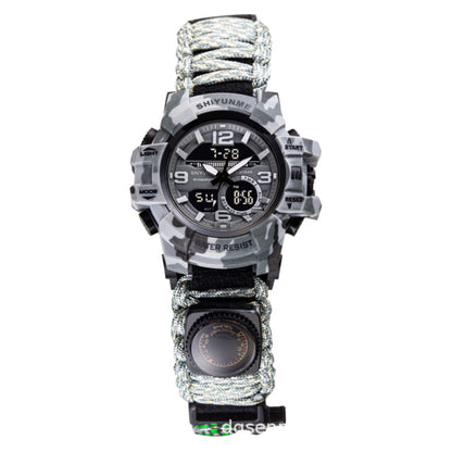 Cross-border special supply of life rope dual display electronic watch field emergency flint whistle compass men's watch paracord