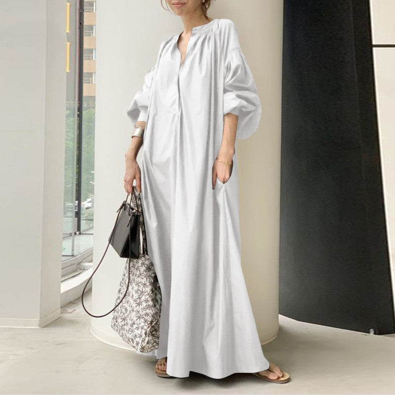 2023 cross-border new cotton and linen dress Japanese style simple loose casual long dress long plus size women's dress