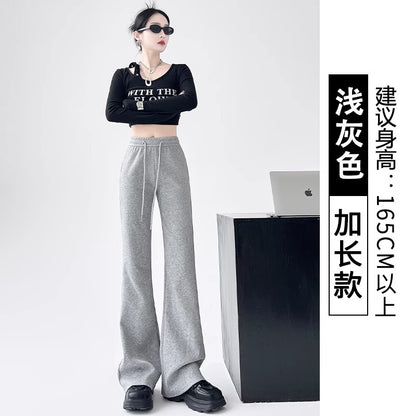 美式黑色微喇叭休闲卫裤女春季高腰显瘦运动垂感拖地马蹄裤子春装