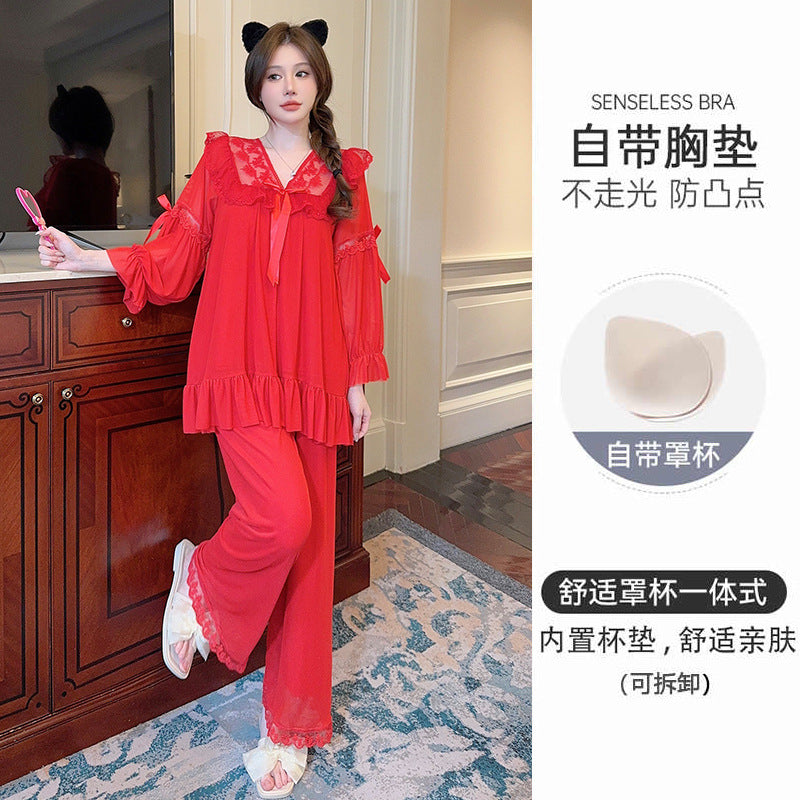 Spring New Princess Style Pajamas for Women 2024 Solid Color Set with Detachable Chest Pads for Girls Two Piece Home Furnishings