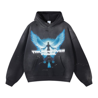 2023 autumn and winter new arrival angel wings print spray monkey washed old men's sweatshirt worn and cut men's hoodie