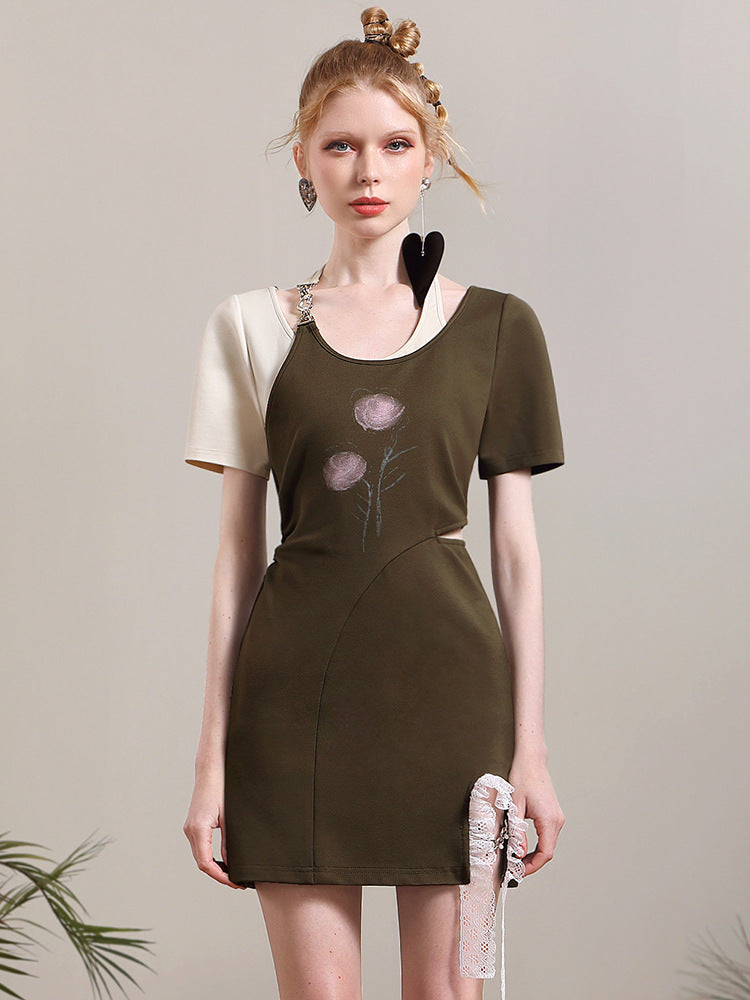 [Rebel] Sweet and Cool Dress Summer Retro Contrast Color Print Design Hollow Slim Fit Hip Skirt