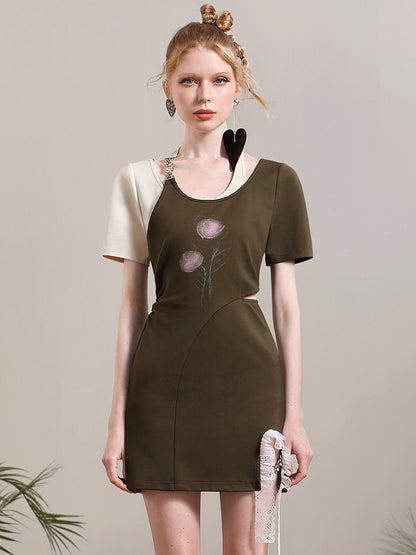[Rebel] Sweet and Cool Dress Summer Retro Contrast Color Print Design Hollow Slim Fit Hip Skirt