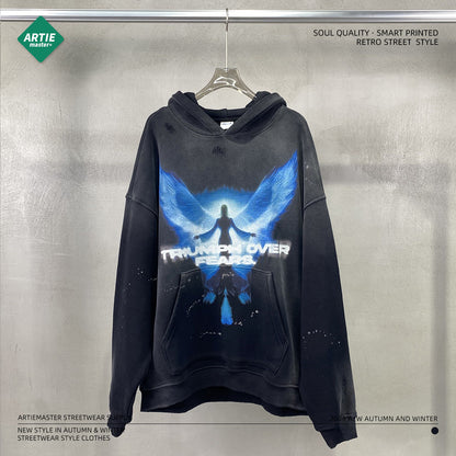 2023 autumn and winter new arrival angel wings print spray monkey washed old men's sweatshirt worn and cut men's hoodie