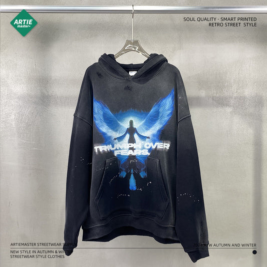 2023 autumn and winter new arrival angel wings print spray monkey washed old men's sweatshirt worn and cut men's hoodie