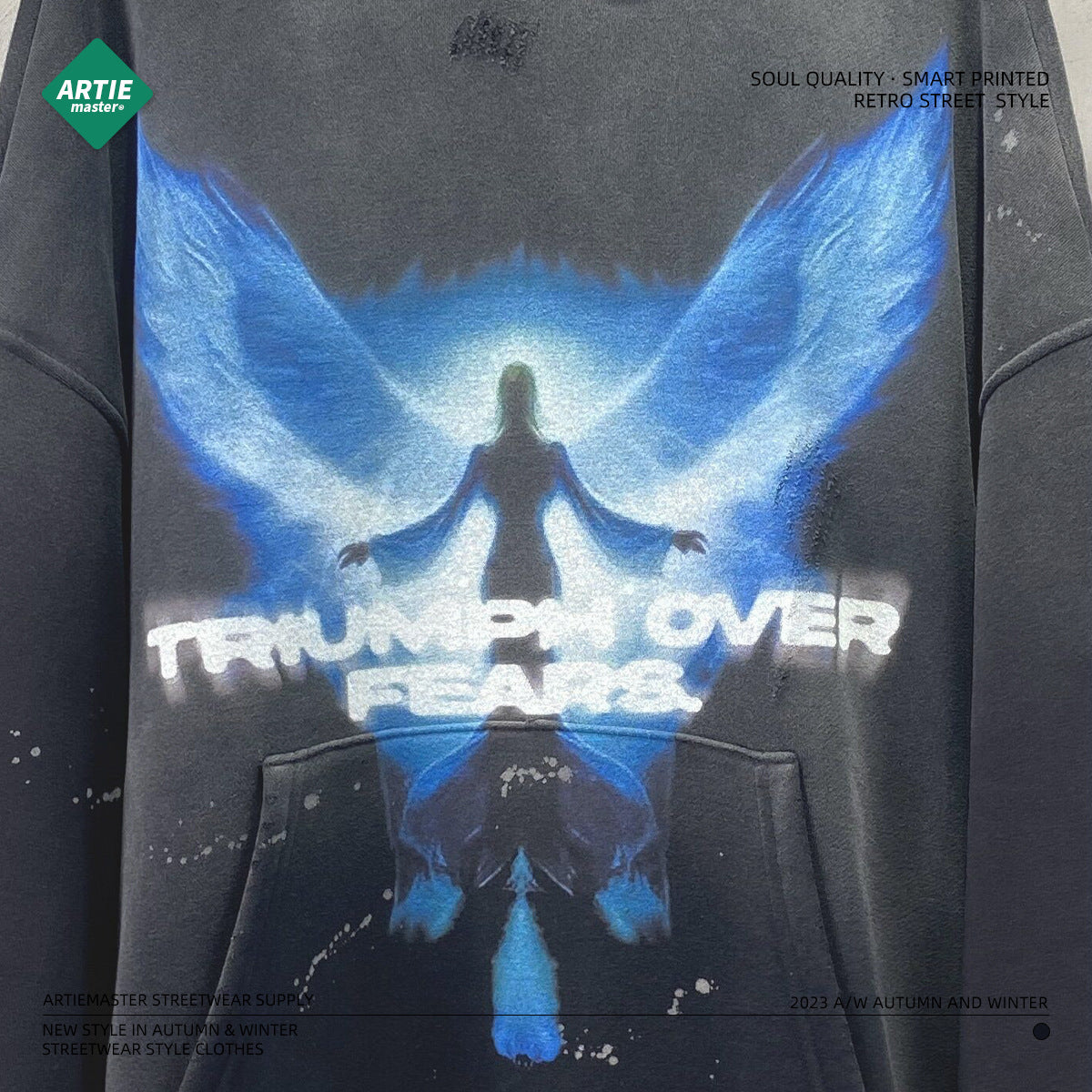 2023 autumn and winter new arrival angel wings print spray monkey washed old men's sweatshirt worn and cut men's hoodie