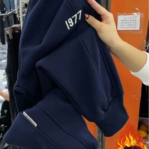 2023年秋冬爆款加绒加厚1977女士裤子卫裤潮流时尚运动哈伦裤束脚