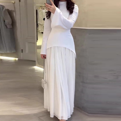 2023秋季新款欧美跨境亚马逊跨境纯色时尚拼接设计圆领百褶长裙女