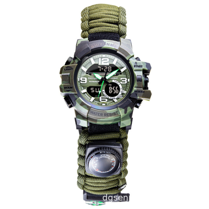 Cross-border special supply of life rope dual display electronic watch field emergency flint whistle compass men's watch paracord