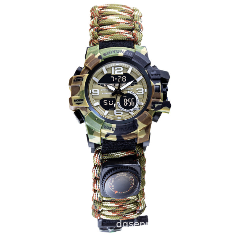 Cross-border special supply of life rope dual display electronic watch field emergency flint whistle compass men's watch paracord