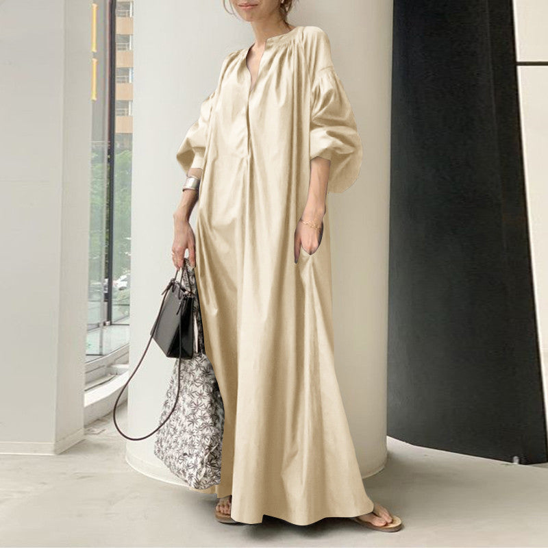 2023 cross-border new cotton and linen dress Japanese style simple loose casual long dress long plus size women's dress