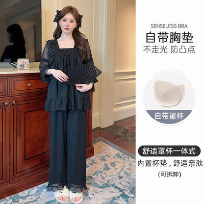 Spring New Princess Style Pajamas for Women 2024 Solid Color Set with Detachable Chest Pads for Girls Two Piece Home Furnishings